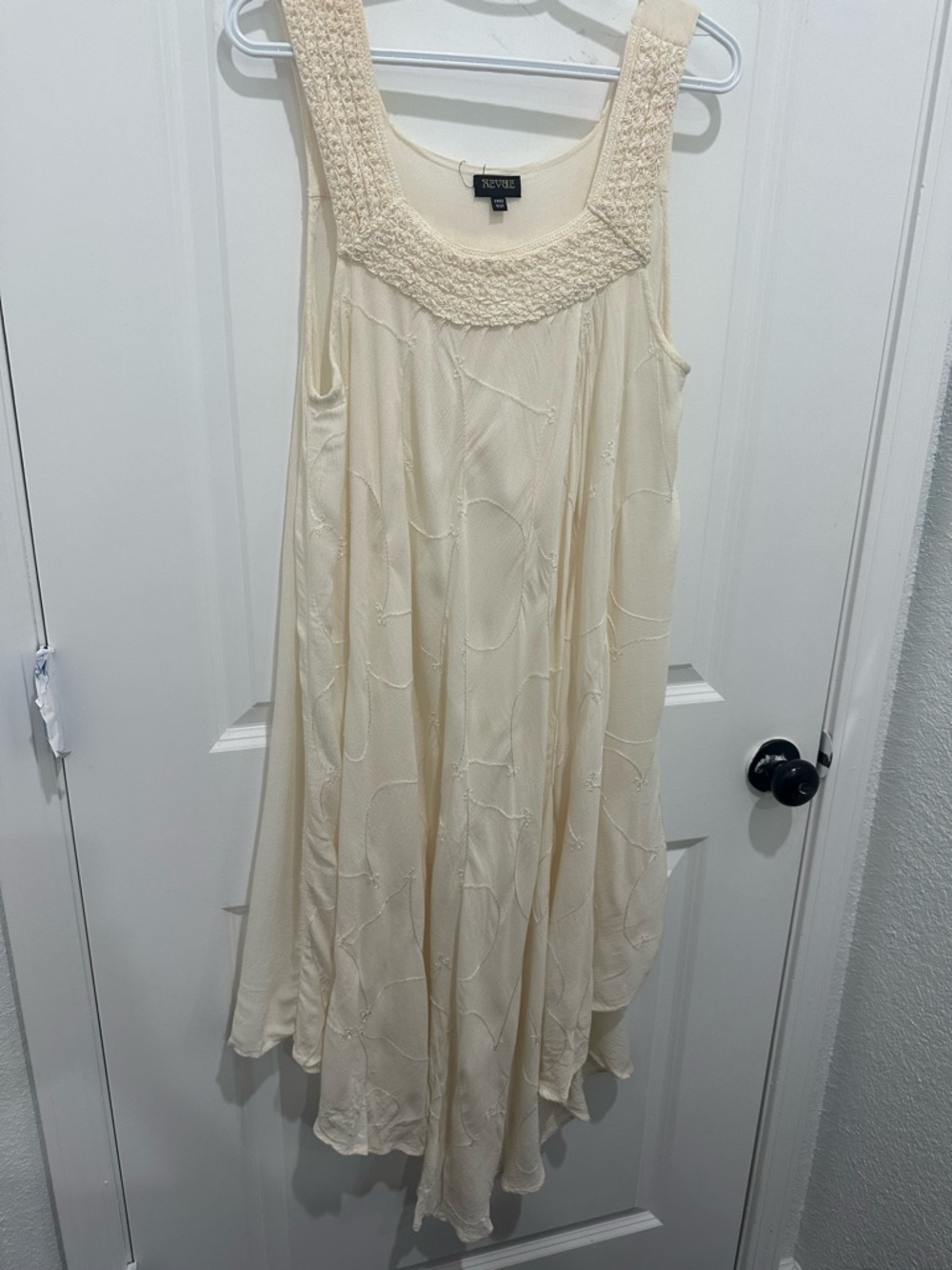 REVUE Boho Y2K Cream Crochet-Trim Sleeveless Dress asymmetrical handkerchief hem